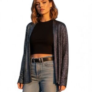 Shimmering Black Sequin Cardigan Betsy Lauren Sz L vintage party new years